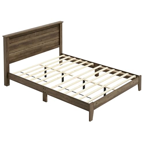 Galano Tiena Louvered Wood Platform Queen Bed Frame with Headboard, Mattress Foundation with Wood Slat Support, No Box Spring Needed, 65.75" D x 85.35" W x 40.16" H, Knotty Oak