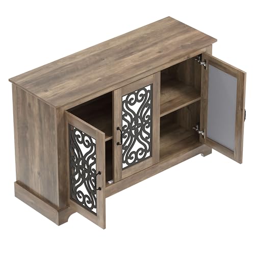 Galano Calidia 3 Door Sideboard, Kitchen Storage Sideboard Buffet Cabinet Console with Acrylic Mirror Doors & Adjustable Shelves, 15.67" D x 45.71" W x 29.29" H, Knotty Oak