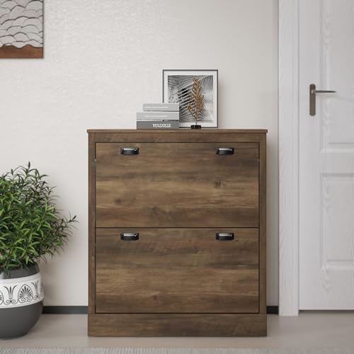 Galano Bristol Shoe Cabinet – 2 Door Storage Cabinet – Shoe Rack for Entryway - 22.2D x 79.2W x 90.6H centimetres - Foldable Doors - Knotty Oak