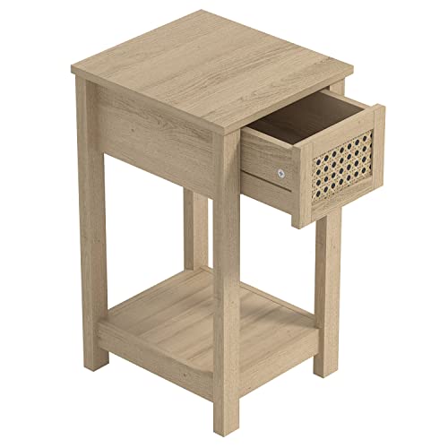 Galano Gio Bedside Table - Stylish Bedside with Rattan Effect - Slim Bedside Table - Side Table with Storage - Organizers and Storage Cabinet for Hallway - Entryway or Bedroom - Oslo Oak