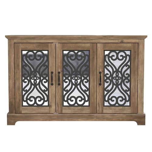 Galano Calidia 3 Door Sideboard, Kitchen Storage Sideboard Buffet Cabinet Console with Acrylic Mirror Doors & Adjustable Shelves, 15.67" D x 45.71" W x 29.29" H, Knotty Oak