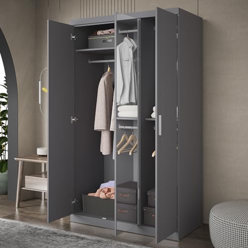 Galano Kimberley 3 Door Wardrobe with Mirror - Mirrored Stylish & Sturdy Wardrobe - Bedrrom Furniture with Hanging Rail Storage