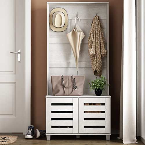 Galano Calidia Cizens Hall Tree - Entryway Bench With Coat Rack, Open Shelf and Shoe Cabinet - Shoe Storage With Coat Hooks - Shoe Cubby for Shoes - Ivory Knotty Oak