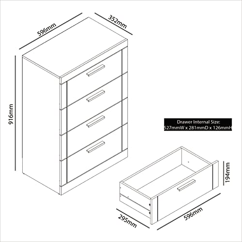 Galano Kimberley Kommode – Kommode mit 4 Schubladen – Hohe Kommode mit Stauraum für Schlafzimmer – Kommode für Kleidung – Aufbewahrungsschrank für Flur, Eingangsbereich