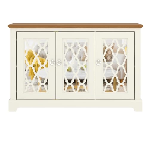 Galano Novara Sideboard mit 3 Türen, Aufbewahrungsschrank und Organizer – Vitrinenkonsole – freistehender Schrank für Wohnzimmer, Eingangsbereich, Flur, Küche (Elfenbein/Eiche)