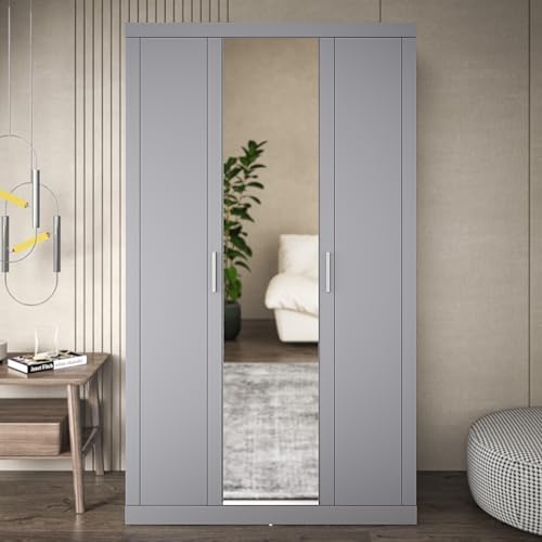 Galano Kimberley 3 Door Wardrobe with Mirror - Mirrored Stylish & Sturdy Wardrobe - Bedrrom Furniture with Hanging Rail Storage