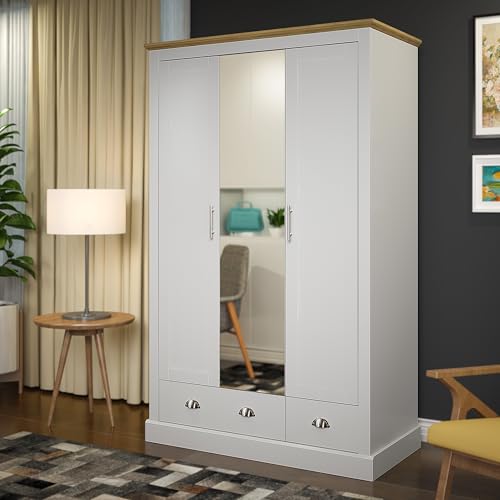 Galano Sufy 3 Door 2 Drawer Wardrobe with Mirror - Minimalist Wardrobe - Bedroom Furniture Unit with Hanging Rail Storage and Drawer - Wardrobe Storage - W112.5 x D56.3 x H181.5cm (White)