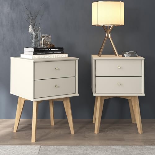 Galano Abby 2pcs Bedside Table - Stylish 2 Drawer Bedside - Side Table with Storage - Storage Cabinet for Hallway - Entryway or Bedroom (Light Grey/Oak)