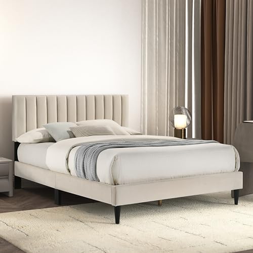 Galano Newry Upholstered Double Bed - Stylish Fabric Bedframe with Headboard - Sturdy Bedframe for Adult with Wooden Slat Support - Easy Assembly (Grey)