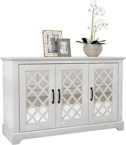 Galano Millicent 3 Door Sideboard with Acrylic Mirrors, Kitchen Buffet Cabinet, Farmhouse Coffee Bar Display Cabinet for Home Kitchen, Living Room, Dining Room and Hallway, Ivory Knotty Grey Oak