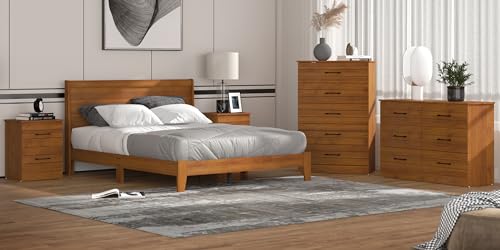 Galano Abby Retro Wood Platform Queen Bed Frame with Headboard, Mattress Foundation with Wood Slat Support, No Box Spring Needed, 63.78" L x 83.23" W x 47.64" H, Oslo Oak