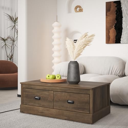 Galano Bristol Coffee Table - 2 Drawer Storage Unit - Engineered Wood Storage Cabinet, Rectangular Living Room Table with Storage