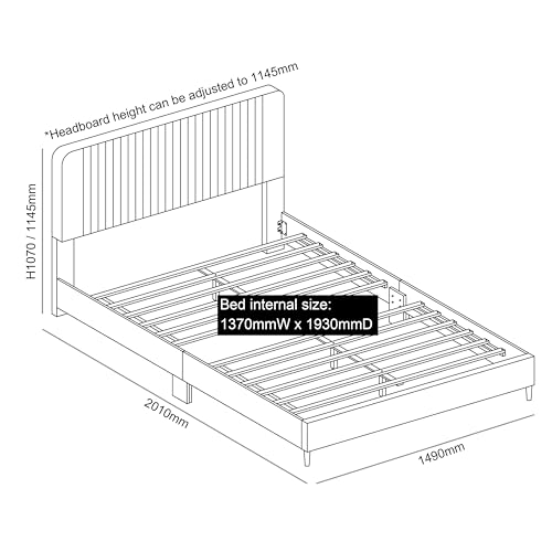 Galano Newry Upholstered Double Bed - Stylish Fabric Bedframe with Headboard - Sturdy Bedframe for Adult with Wooden Slat Support - Easy Assembly (Grey)