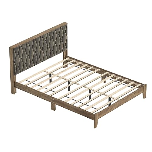 Galano Tancus Platform Queen Bed Frame with Cushion Headboard, Mattress Foundation with Wood Slat Support, No Box Spring Needed, 64.17" L x 85.16" W x 40.24" H, Knotty Oak