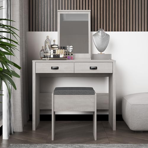 Galano Bristol Dressing Table with Mirror and Cushioned Stool - Bedroom Large Vanity Makeup Table with Drawer Storage – Console Table for Home Hallway and Living