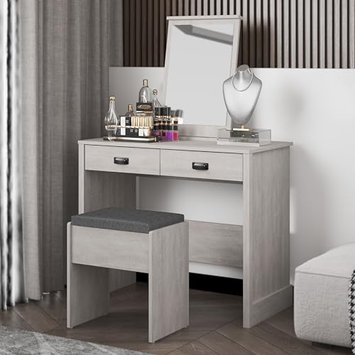 Galano Bristol Dressing Table with Mirror and Cushioned Stool - Bedroom Large Vanity Makeup Table with Drawer Storage – Console Table for Home Hallway and Living