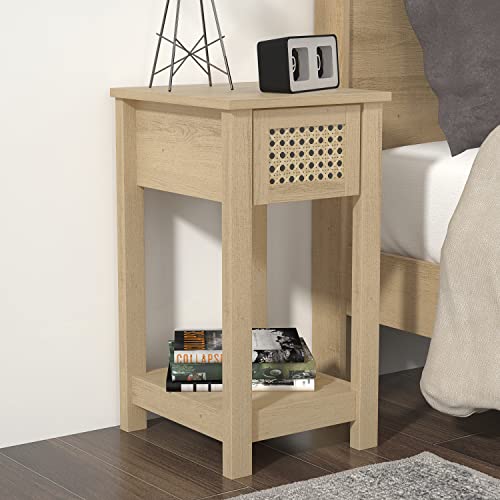 Galano Gio Bedside Table - Stylish Bedside with Rattan Effect - Slim Bedside Table - Side Table with Storage - Organizers and Storage Cabinet for Hallway - Entryway or Bedroom - Oslo Oak