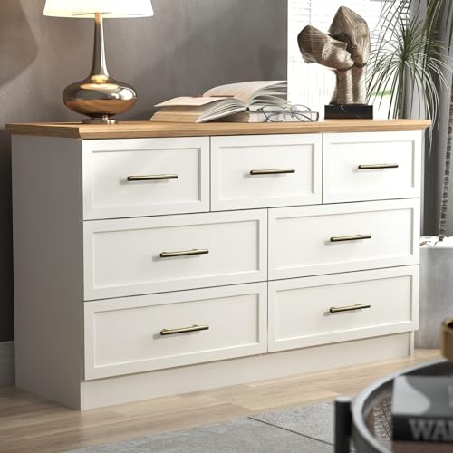 Galano Cleverton 3+4 Drawer Chest - Chest of Drawers with Storage for Bedroom - Closet Organizers and Storage Cabinet for Hallway, Entryway (Ivory/Oak)