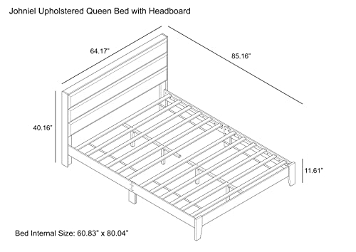 Galano Johniel Wood Platform Queen Bed Frame with Cushion Headboard, Mattress Foundation with Wood Slat Support, No Box Spring Needed, 64.17" L x 85.31" W x 40.16" H, Dusty Grey Oak