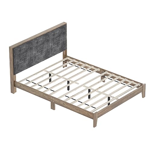 Galano Johniel Queen Size Bed Frame with Cushioned Headboard, Wooden Slats Support, Mattress Foundation & No Box Spring Needed, 64.17" L x 85.31" W x 40.16" H, Knotty Oak