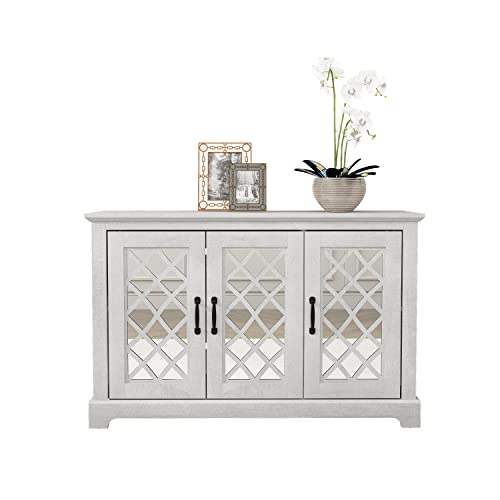 Galano Millicent 3 Door Sideboard with Acrylic Mirrors, Kitchen Buffet Cabinet, Farmhouse Coffee Bar Display Cabinet for Home Kitchen, Living Room, Dining Room and Hallway, Ivory Knotty Grey Oak