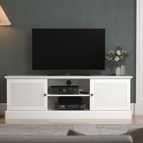 Galano Catalina Wide TV Unit, Rattan Entertainment Centre for up to 65" TV, 150cm TV Unit with 2 Doors, TV Stand Cabinet for Living Room, Large Storage