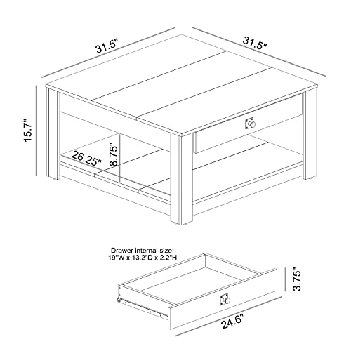 Galano Philia Square Coffee Table - Hidden Compartment and Storage Shelf - Modern Tabletop Dining Table for Living Room - Engineered Wood - Easy Assembly - Dusty Grey Oak