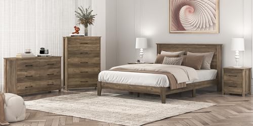 Galano Tiena Louvered Wood Platform Queen Bed Frame with Headboard, Mattress Foundation with Wood Slat Support, No Box Spring Needed, 65.75" D x 85.35" W x 40.16" H, Knotty Oak