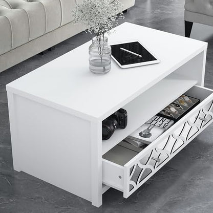 Galano Iris Coffee Table with Drawer - Modern Mirrord Effect Coffee Table - Storage Cabinet for Entryway - Foyer - Living Room - Space Saving (White)