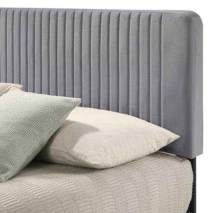 Galano Newry Upholstered Double Bed - Stylish Fabric Bedframe with Headboard - Sturdy Bedframe for Adult with Wooden Slat Support - Easy Assembly (Grey)