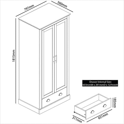 Galano Sufy 2 Door 1 Drawer Wardrobe - Minimalist Wardrobe - Bedroom Furniture Unit with Hanging Rail Storage and Drawer - Wardrobe Storage - W79.7 x D56 x H182cm - Light Grey