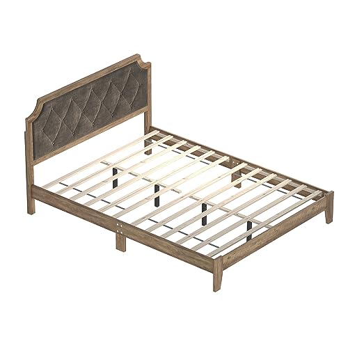 Galano Annifer Wood Platform Queen Bed Frame with Cushion Headboard, Mattress Foundation with Wood Slat Support, No Box Spring Needed, 62.99" L x 84.49" W x 41.54" H, Knotty Oak