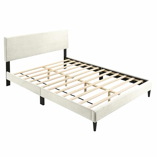 Galano Bayson Double Bed - Stylish Wooden Bedframe with Headboard - Sturdy Bedframe for Adult with Wooden Slat Support - Easy Assembly (Cream)