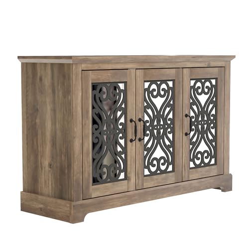 Galano Calidia 3 Door Sideboard, Kitchen Storage Sideboard Buffet Cabinet Console with Acrylic Mirror Doors & Adjustable Shelves, 15.67" D x 45.71" W x 29.29" H, Knotty Oak