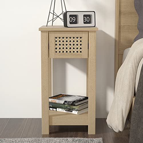 Galano Gio Bedside Table - Stylish Bedside with Rattan Effect - Slim Bedside Table - Side Table with Storage - Organizers and Storage Cabinet for Hallway - Entryway or Bedroom - Oslo Oak