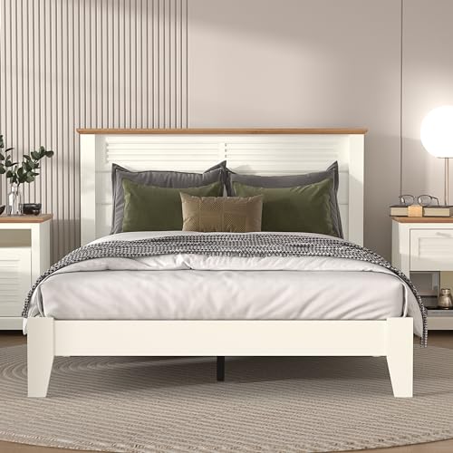 Galano Milan Double Bed - Stylish Wooden Bedframe with Mirrored Headboard - Sturdy Bedframe for Adult - Wood Slat Support - Easy Assembly – Bedroom Furniture (Ivory/Oak)