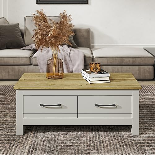 Galano Limestone Coffee Table - 2 Drawer Storage Unit - Engineered Wood Storage Cabinet, Rectangular Living Room Table with Storage