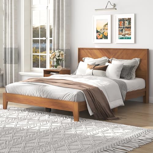 Galano Weiss Clara Queen-Bettrahmen mit Kopfteil, Matratzenunterlage mit Holzlattenunterstützung, kein Boxspring erforderlich, 64,49" L x 85,47" B x 40,28" H, Bernstein-Walnuss