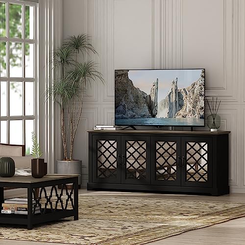 Galano Millicent TV Stand for 65+ Inch TV, 29" Tall Highboy Entertainment Center with Mirror Door, Rustic Media Console w/Storage Shelves, Wood Television Stand for Living Room, Ivory Knotty Grey Oak