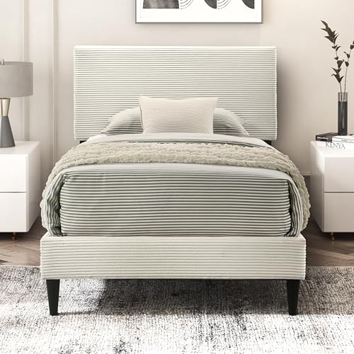 Galano Bayson Towel Full Size Platform Bed Frame with Fabric Upholstered Headboard and Wooden Slats Support, Fully Upholstered Mattress Foundation, No Box Spring Needed, Easy Assembly, Grey