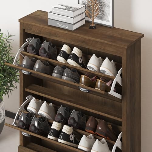 Galano Bristol Shoe Cabinet – 2 Door Storage Cabinet – Shoe Rack for Entryway - 22.2D x 79.2W x 90.6H centimetres - Foldable Doors - Knotty Oak