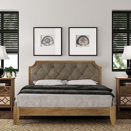 Galano Annifer Wood Platform Queen Bed Frame with Cushion Headboard, Mattress Foundation with Wood Slat Support, No Box Spring Needed, 62.99" L x 84.49" W x 41.54" H, Knotty Oak