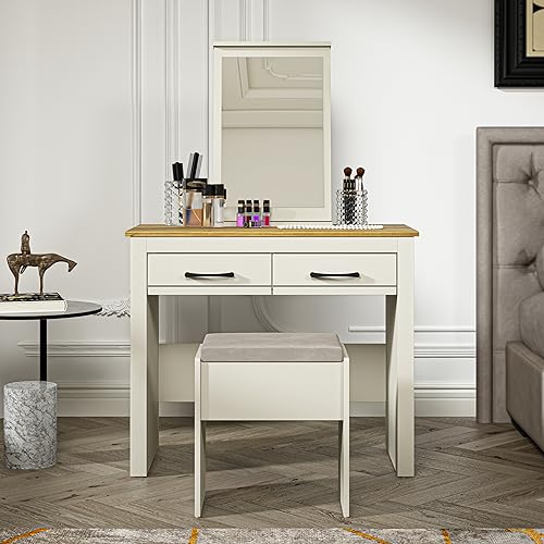 Galano Limestone Dressing Table with Mirror and Cushioned Stool - Bedroom Large Vanity Makeup Table with Drawer Storage – Console Table for Home Hallway and Living