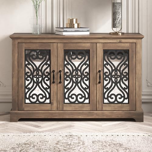 Galano Calidia 3 Door Sideboard, Kitchen Storage Sideboard Buffet Cabinet Console with Acrylic Mirror Doors & Adjustable Shelves, 15.67" D x 45.71" W x 29.29" H, Knotty Oak