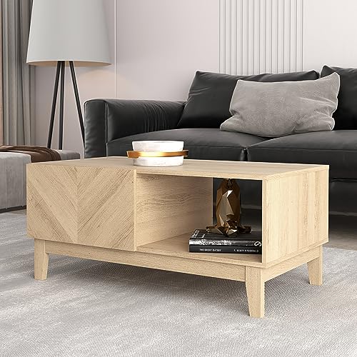 Galano Hanwell Coffee Table - Stylish Storage Cabinet with Fishborne Effect - Engineered Wood Storage Cabinet, Rectangular Living Room Table with Storage