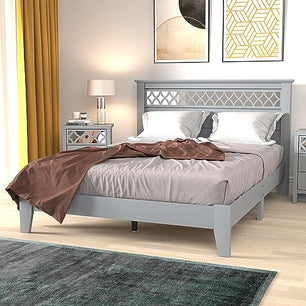 Galano Amanda Double Bed - Stylish Wooden Bedframe with Mirrored Headboard - Sturdy Bedframe for Adult - Wood Slat Support - Easy Assembly – Bedroom Furniture