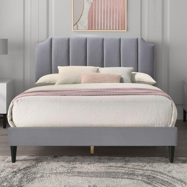 Galano Newry Upholstered Double Bed - Stylish Fabric Bedframe with Headboard - Sturdy Bedframe for Adult with Wooden Slat Support - Easy Assembly (Grey)