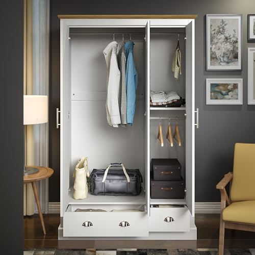 Galano Sufy 3 Door 2 Drawer Wardrobe with Mirror - Minimalist Wardrobe - Bedroom Furniture Unit with Hanging Rail Storage and Drawer - Wardrobe Storage - W112.5 x D56.3 x H181.5cm (White)