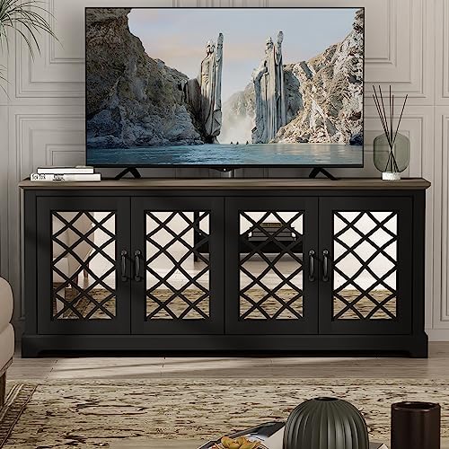 Galano Millicent TV Stand for 65+ Inch TV, 29" Tall Highboy Entertainment Center with Mirror Door, Rustic Media Console w/Storage Shelves, Wood Television Stand for Living Room, Ivory Knotty Grey Oak