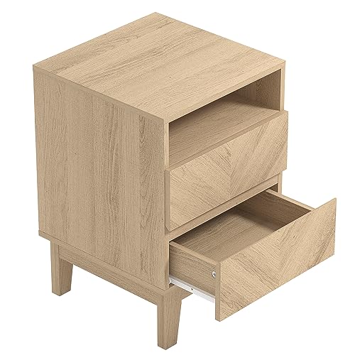 Galano Hanwell 2 Drawer Side Table, Stylish Fishborne Design End Table with Drawer Open Shelf Stable Sturdy Engineered Wooden Nightstand Storage for Small Spaces/Living Room/Bedroom